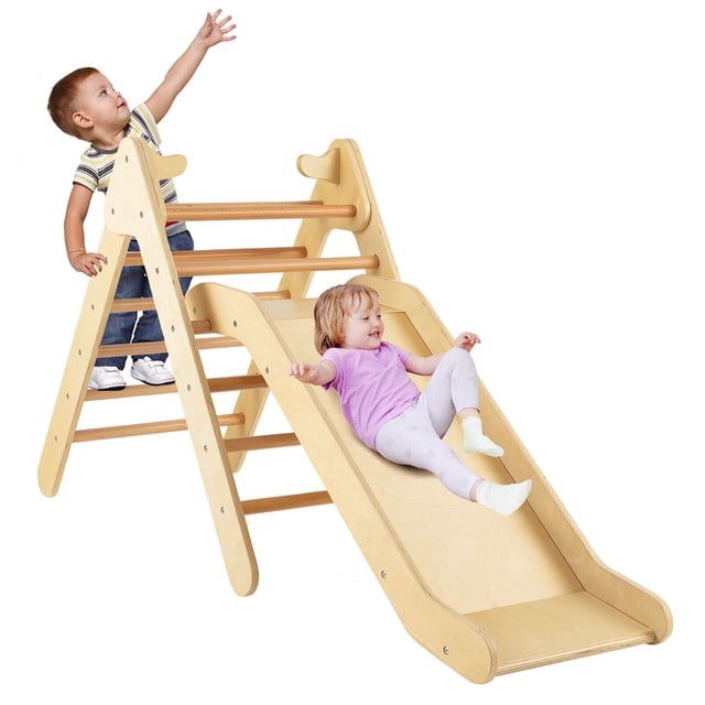 Gymax 2-in-1 Wooden Climbing Triangle Set Triangle Climber w/ Ramp Natural