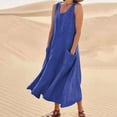 thumbnail image 2 of Staron Robe Femme Coton Lin Élégante Fluide Grande Taille Robes avec Poches Ample Confortable Sans Manches Été Décontractée Vacances Plage Longue Robe Bleu TTTG, 2 of 7