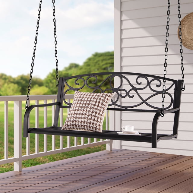 Gymax 2-Person Metal Porch Swing Bench with Chains, Brown