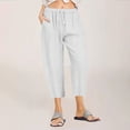 thumbnail image 2 of Women Casual Solid Cotton Linen Drawstring Elastic Waist Wide Leg Pants Cropped Trousers, 2 of 6