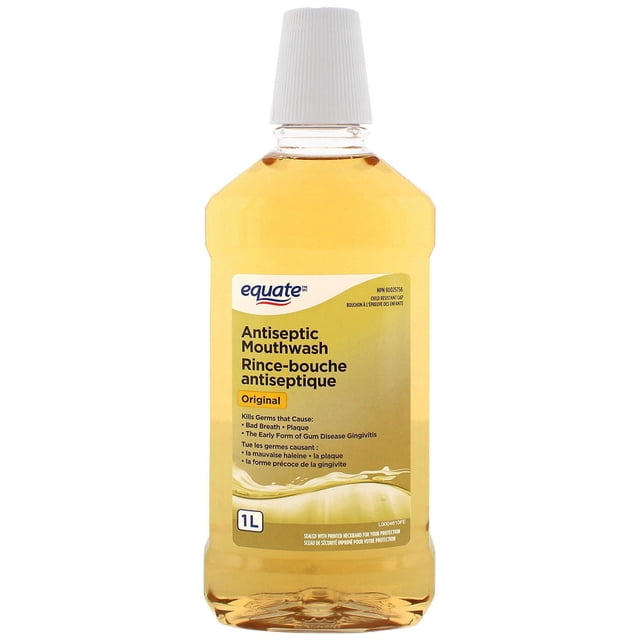 Equate Original Antiseptic Mouthwash in a clear 1L plastic bottle with a white child-resistant cap, containing light amber antiseptic liquid, labeled in English and French to kill germs causing bad breath, plaque, and early gum disease gingivitis.