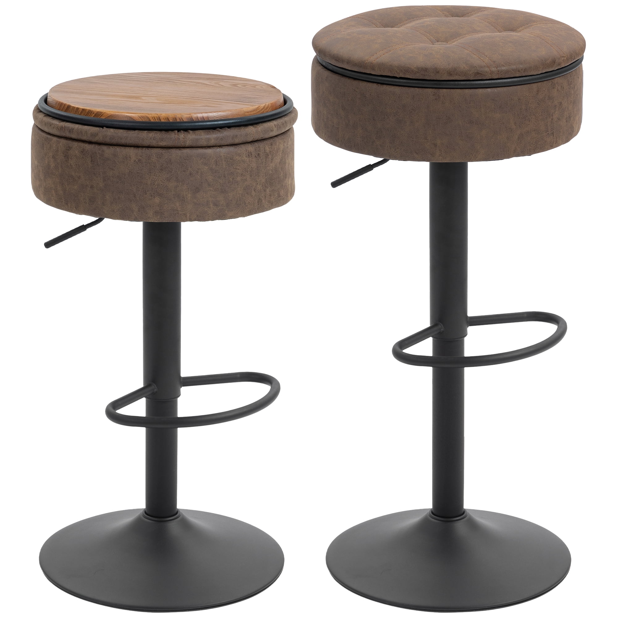 HOMCOM Bar Stools Set of 2, Swivel Barstools with Storage, Footrest, Brown