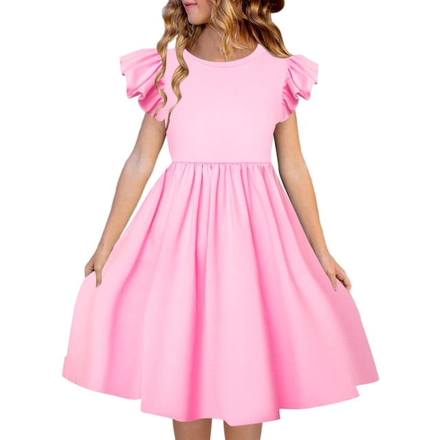 FhsagQ Robes pour Filles Enfants Filles Manches Volantées Col Rond Robes Enfants Été Robe à Manches à Volants Tout-Petits Filles Printemps le 7 Juillet Robes 5T 4-5 Ans