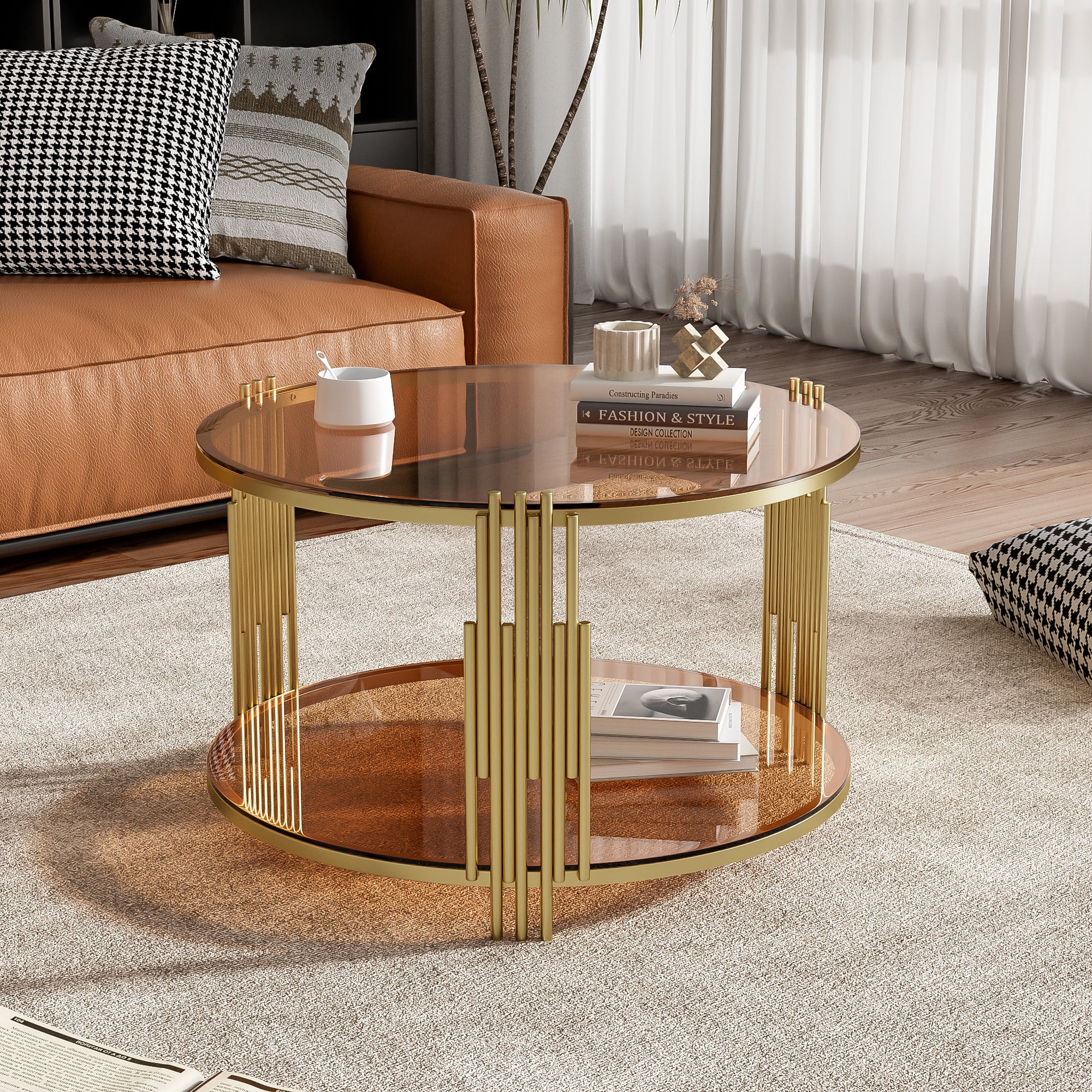 31.5" Glass Coffee Table with Storage, Circle Center Table with Shelf, 2 Tier Round Coffee Table for Living Room Modern Brown Mirror Coffee Table, Circular Metal Drum Base, Gold Finish & Lower Shelf