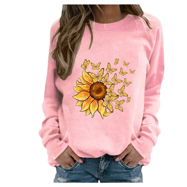 Rbaofujie Chandails pour Femmes Femmes Mode Décontractée Imprimé Col Rond Ample Manches Longues T-shirt Hauts Blouse Rose Chandails à Capuche Graphiques