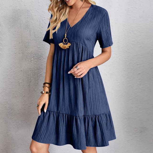 Ovzne Robes d'Été pour Femmes Robe Femme Mode Femme Été Décontractée Col en V Manches Courtes Robe Mini Grande Taille Robe Maxi Manches Courtes Liquidation
