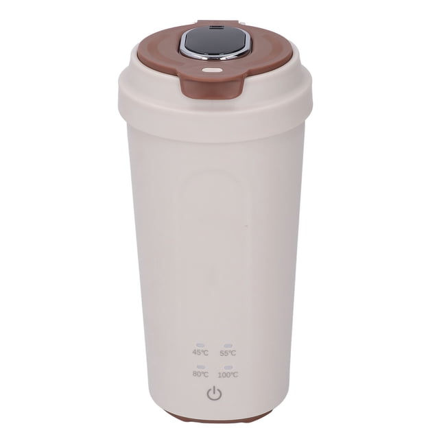 Mini Hot Water Boiler, Rechargeable Portable Electric Kettle 500ml for Tea, Coffee, and Milk. Compact beige design with brown lid, electric heating function, and user-friendly temperature controls for precise water heating, ideal for baby formula preparation. Powered by a 5000mAh lithium-ion battery for cordless use. Includes charging cable, descaling agent, storage bag, and cup brush accessories.