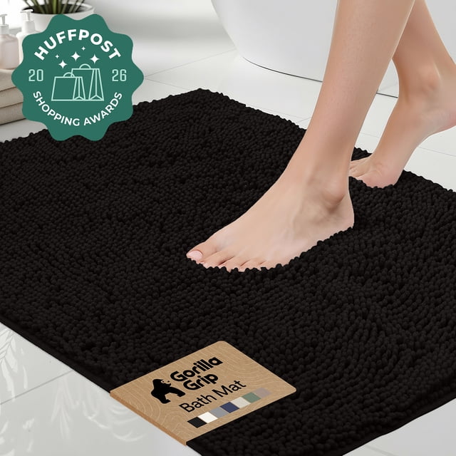GORILLA GRIP Chenille Bath Rug 24x17, Rubber Back Quick Dry Washable Microfiber Bathroom Mats, Black