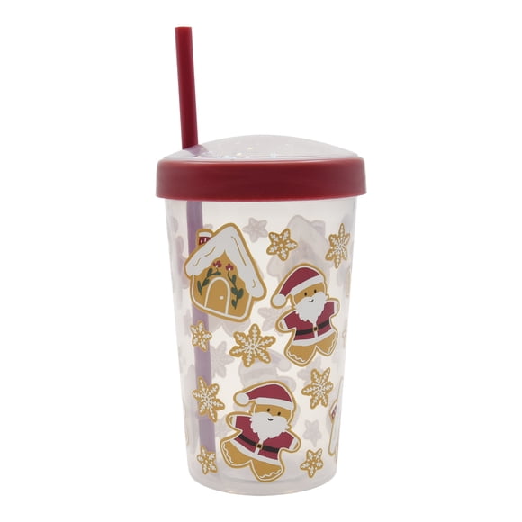 Gobelet en plastique de Noël avec motifs de pain d’épices et de maison, paille et couvercle pailleté rouge, 16,2 oz, par Holiday Time
