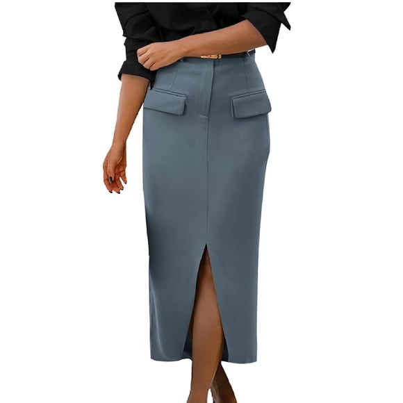 LOVZFMLL Long Skirts for Women 2025 Office Work Clothes Solid Casual Maxi Skirts with Split Formal Business Dress Blue M