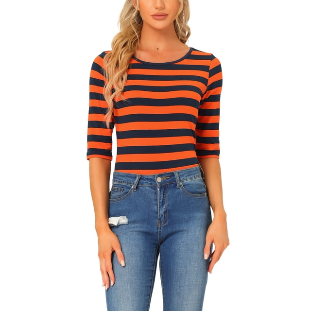 INSPIRE CHIC Hauts pour Femmes Non Doublés Col Rond Manches au Coude Coupe Ajustée T-Shirt Décontracté m Orange Bleu Marine