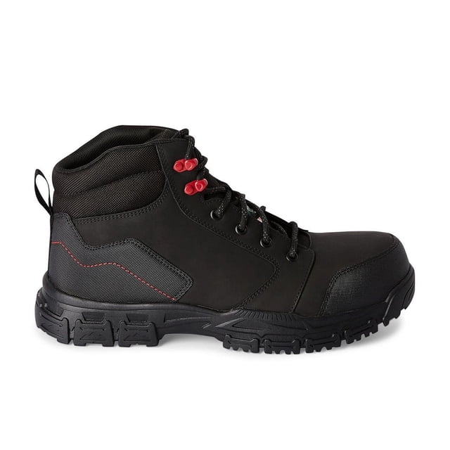 Workload Men's Trooper Shoes in side profile featuring a black leather, faux leather, and polyester upper with red lace hooks, padded collar, round toe, and durable rubber outsole, suitable as men's work boots and safety shoes.