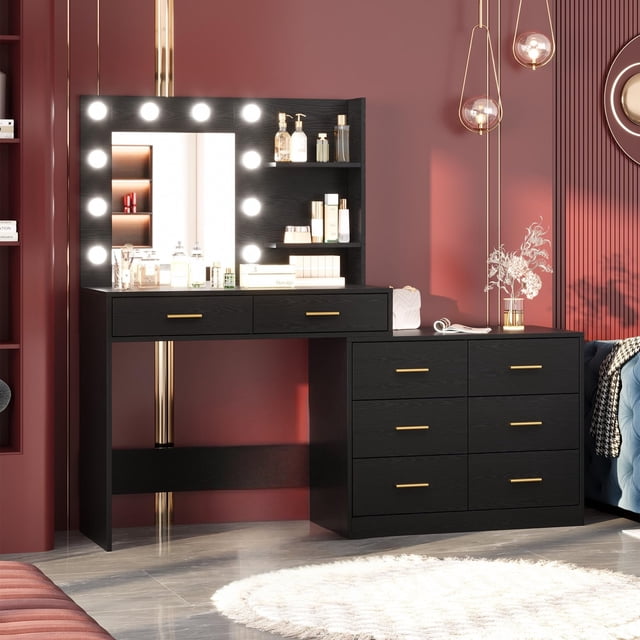 Yiwa Large Vanity Table with Lighted Mirror, 8 Storage Drawers, 2-Tier Shelves, 3 Lighting Modes for Bedroom