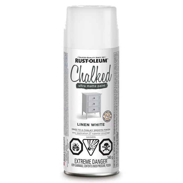 Rust-Oleum Specialty Chalked Ultra Matte Paint spray can in linen white with label showing a small painted chest of drawers, highlighting ultra matte chalky finish, easy application, superior coverage, and sandable features for interior home improvement projects.