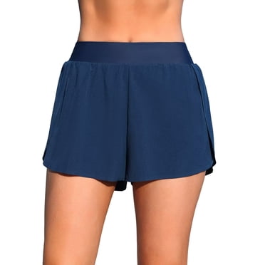 Charmo Womens Elastic Waisted Swim Bottoms High Split Board Shorts Bikini Beach Shorts with Pockets