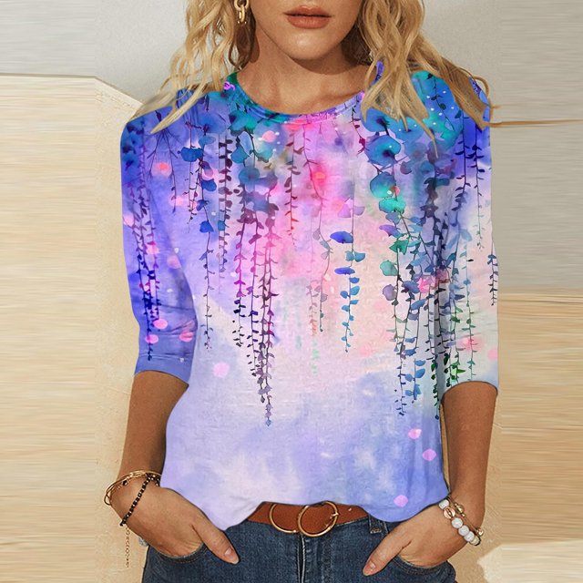 Babysbule T-Shirt d'Été à Manches 3/4 pour Femmes, Col Rond, Coupe Ample, Tunique Florale Mode 2025