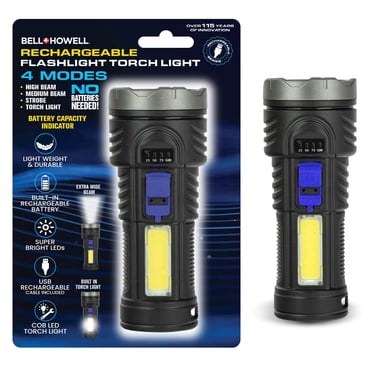 Bell + Howell Rechargeable Flashlight Torch Light - 4 Modes Super Bright USB COB LED Torch - Lightweight & Durable - Black