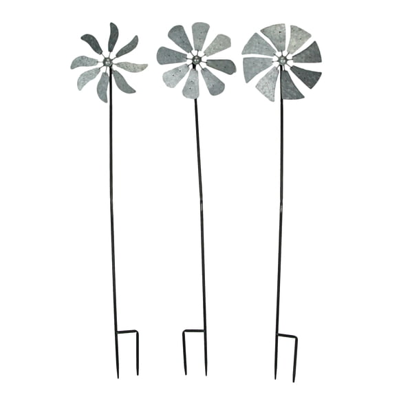Set of 3 Galvanized Grey Farmhouse Windmill Wind Spinner Garden Stakes â Whimsical Outdoor Decorations Creating Mesmerizing Kinetic Displays, 41 Inches High