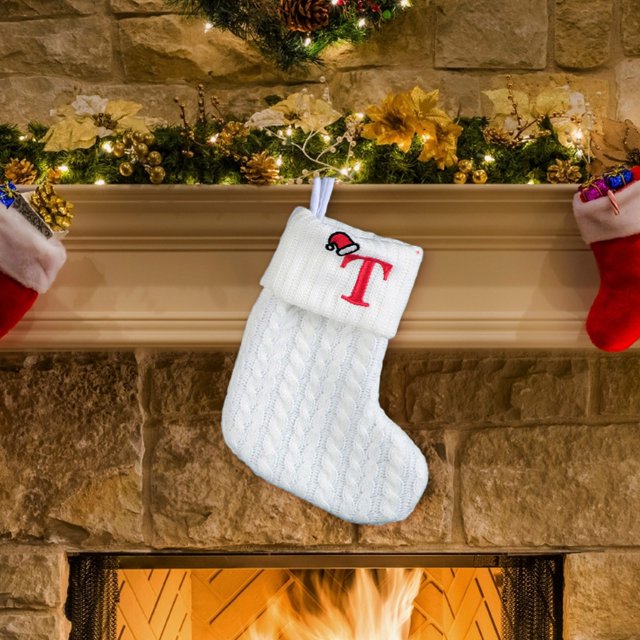Fridja 8 Inch Mini Initial Christmas Stocking Monogram Embroidered Christmas Stocking White Knitted Small Christmas Stocking Decorations for Fireplace Mantle Christmas Wall
