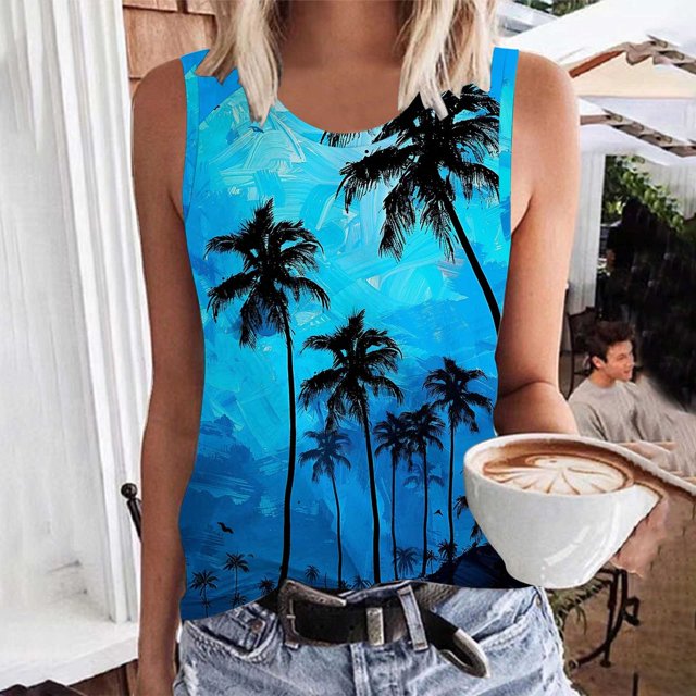 lSLJS Women Floral Printing Tank Round-Neck Sleeveless Block Tunic Tee Tops, Womens Tank Tops