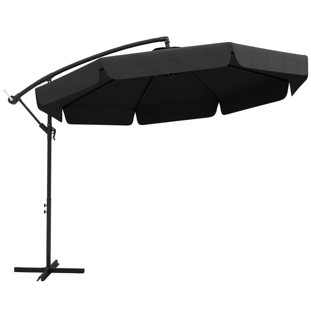Outsunny 11FT Offset Hanging Patio Umbrella for Backyard, Black. Features a durable steel pole with 8 ribs supporting a black polyester canopy. The overhanging design provides ample patio shade for large tables or seating areas. Includes a crank lifting system for easy opening and closing, and a cross base for stability. Canopy angle is adjustable with a handle, and the top vent allows airflow. Weights required for added stability.