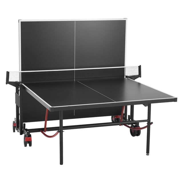 KFFKFF Table Tennis Set with a weather-resistant aluminum play surface, shown in a partially folded position for solo practice mode. Features secure locking wheels, a clamp-style net, and a sleek black finish with red accents. Suitable for indoor and outdoor use, including backyards and balconies.