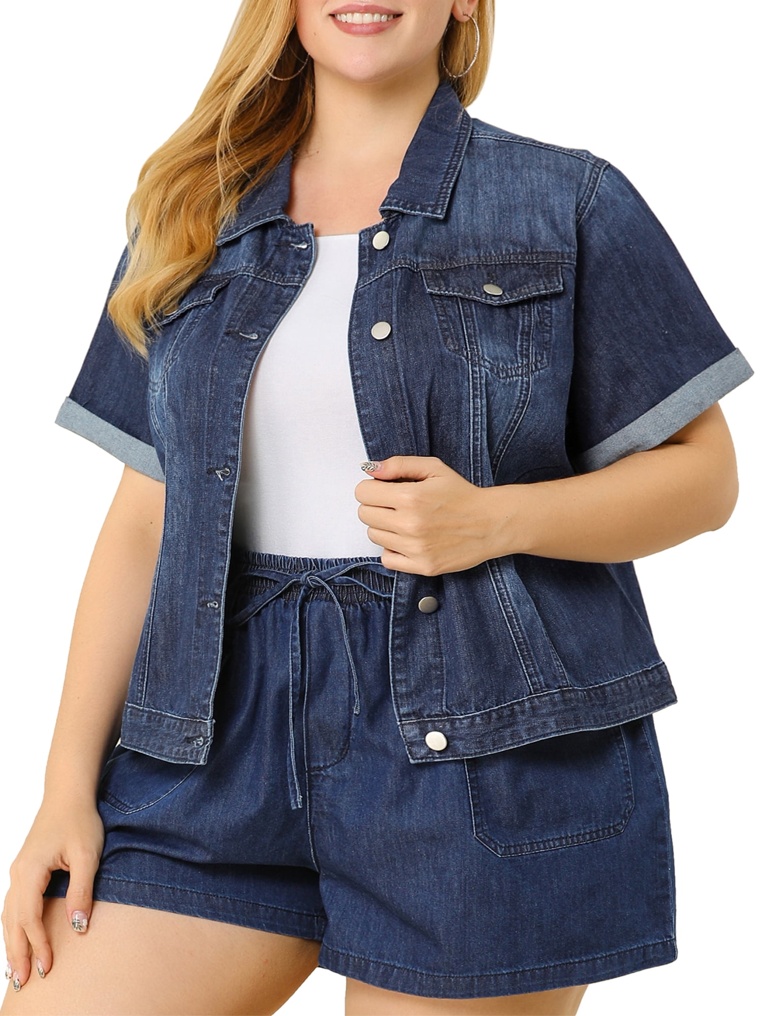 Agnes Orinda Women's Plus Size Button Front Work Crop Short Sleeves Denim Jacket 5X Navy Blue