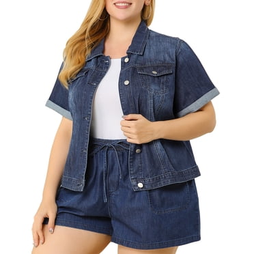 GRACE & GRANDEUR Juniors Plus Size Fall Button Down Crop Jean Trucker Denim Jacket