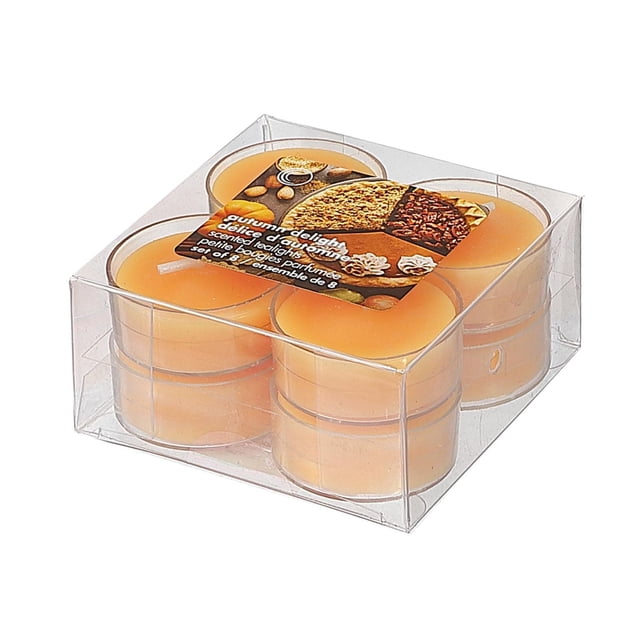 8 Pk Scented Tealights (Autumn Delight) - Set of 2 containing eight orange wax tealight candles in clear plastic holders within a transparent box, scented with pumpkin and autumn leaves, ideal for home décor on special occasions and suitable as romantic gifts for weddings and anniversaries.