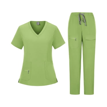 Ktyne Ensembles de Sarraus pour Femmes P Uniforme d'Infirmière Extensible Haut de Sarrau à Manches Courtes et Pantalon Tenue de Sarrau Uni avec Multiples Poches Vert Fluorescent S