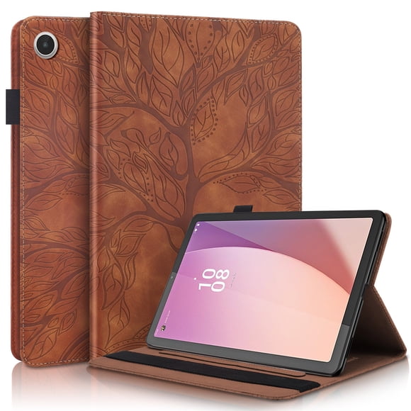 Étui Embossé Arbre de Vie pour Lenovo Tab m8 (4e Gén.) avec Support, Fentes pour Cartes, Boucle pour Stylet Brun