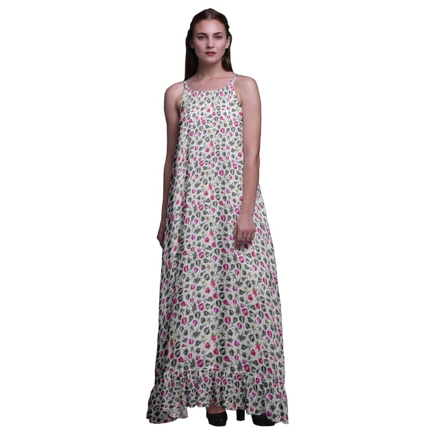 Bimba White6 Floral Magnolia Bud Imprimé Vêtement de Nuit pour Femmes Longue Robe Maxi à Bretelles Spaghetti Tenue de Sommeil Robe Petite