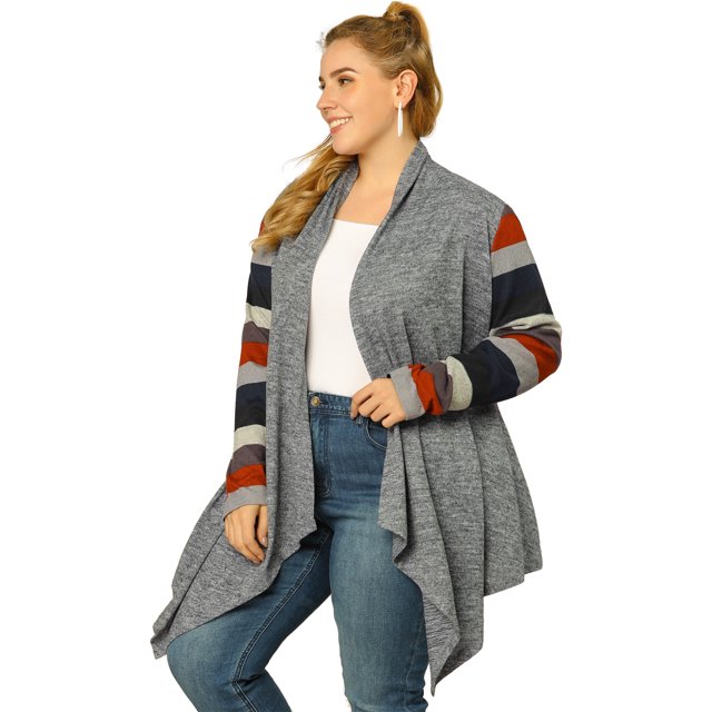 GRACE & GRANDEUR Tenue d'Halloween pour Femme Grande Taille Cardigan à Rayures Chandail Léger Manteau 4X Gris