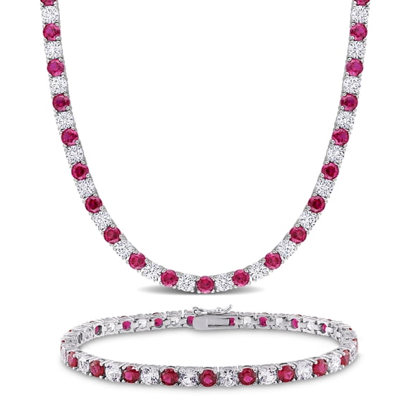 Miabella Women's 47-1/4 Carat T.G.W. Created Ruby and White Sapphire Sterling Silver Tennis Bracelet and Necklace Set