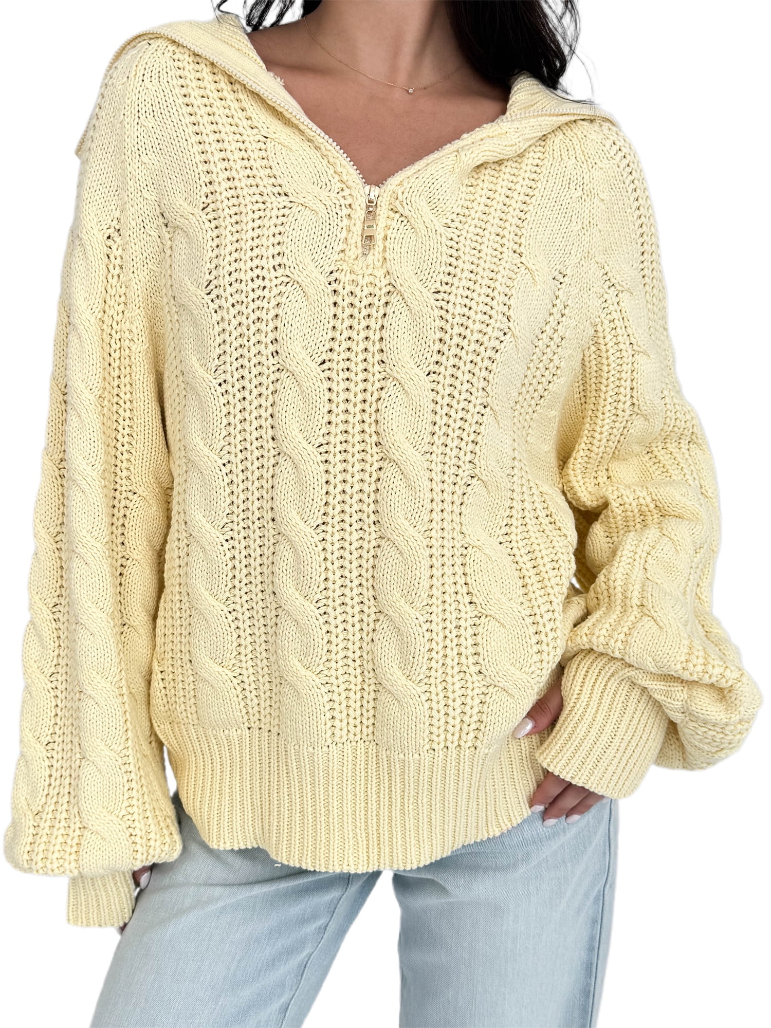 Gupgi Sweaters for Women Trendy Zip Up Long Sleeve Solid Color Sweater Tops Fall Lapel Cable Knit Pullover