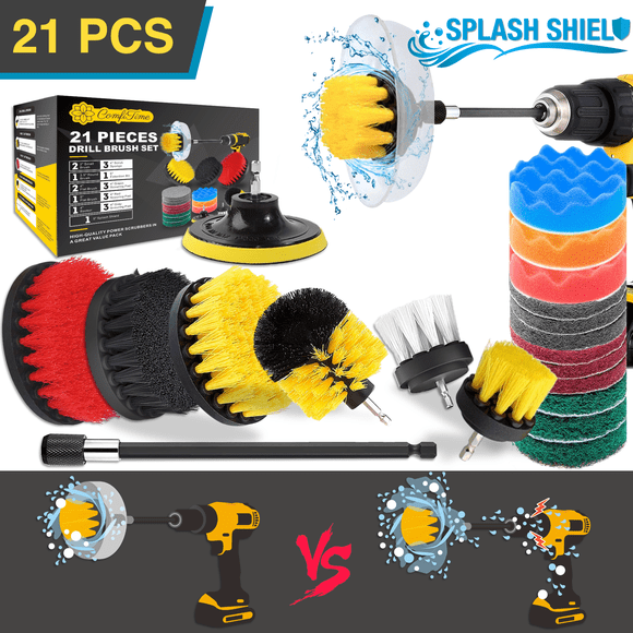 ComfiTime 21PCS Drill Brush Set – Heavy Duty Drill Brush Attachment w/ Splash Shield, Bathtub Scrub Cleaning Brush, Power Scrubber for bathroom shower, toilet , tile and household cleaning