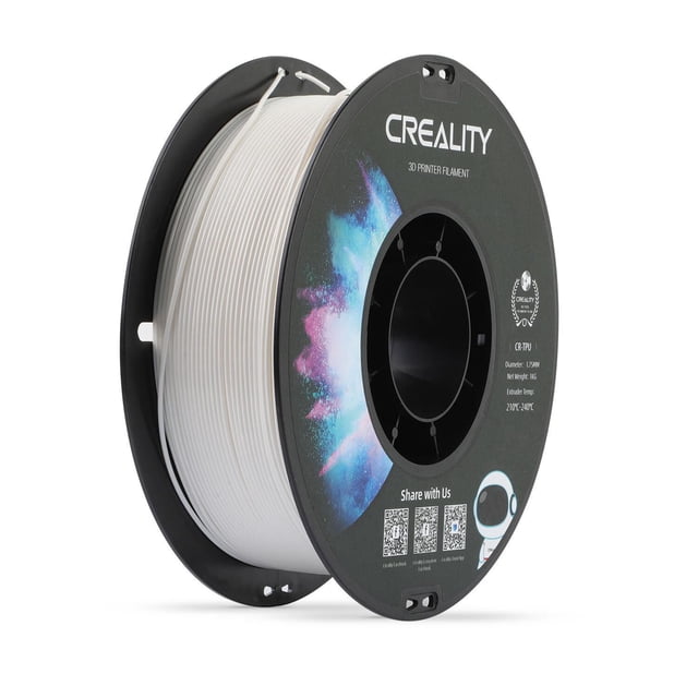Filament d'Impression 3D Creality CR-TPU 1 kg, Bobine Centrée Blanche Gros Plan Montrant une Bobine Complète de Filament TPU flexible Blanc sur une Bobine de Marque Creality, texture d'Extrusion Ronde Lisse Légèrement Lustrée et Couches Enroulées Uniformément sur un Fond de studio Neutre; Souvent Utilisé pour des prototypes Flexibles et des Pièces Portables.