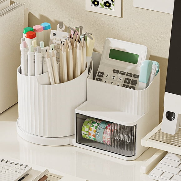 Organisateur de Bureau Rotatif pour Stylos Crayons Pinceaux de Maquillage / Boîte de Rangement à Compartiments Multiples Contenant pour Fournitures de Papeterie Scolaires et de Bureau / Étui Cosmétique Rotatif avec Plateaux Amovibles
