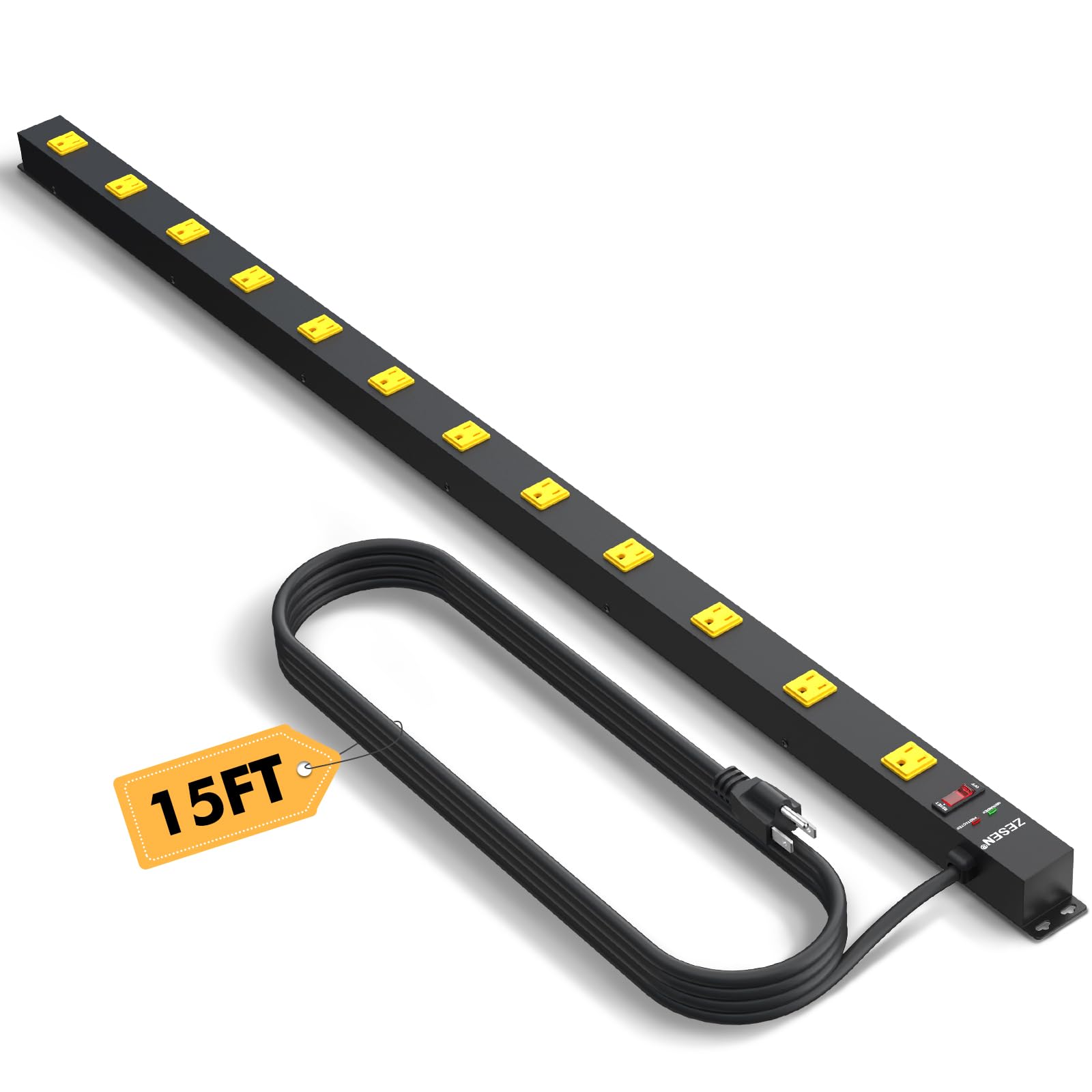 ZESEN 12 Outlet Long Power Strip with 15ft Cord, Wide Spaced Industrial Heavy Duty Surge Protector, ETL Certified, Ideal for Workshops, Garages & Wor