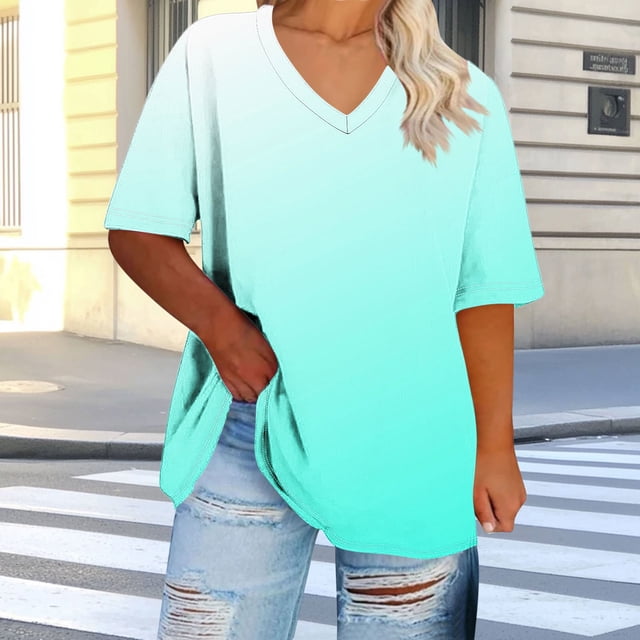 Ovbmpzd Light Blue Womens Tops Plus Size Short Sleeve V-Neck Gradient Color Comfy Blouses Women Tank Tops XXL
