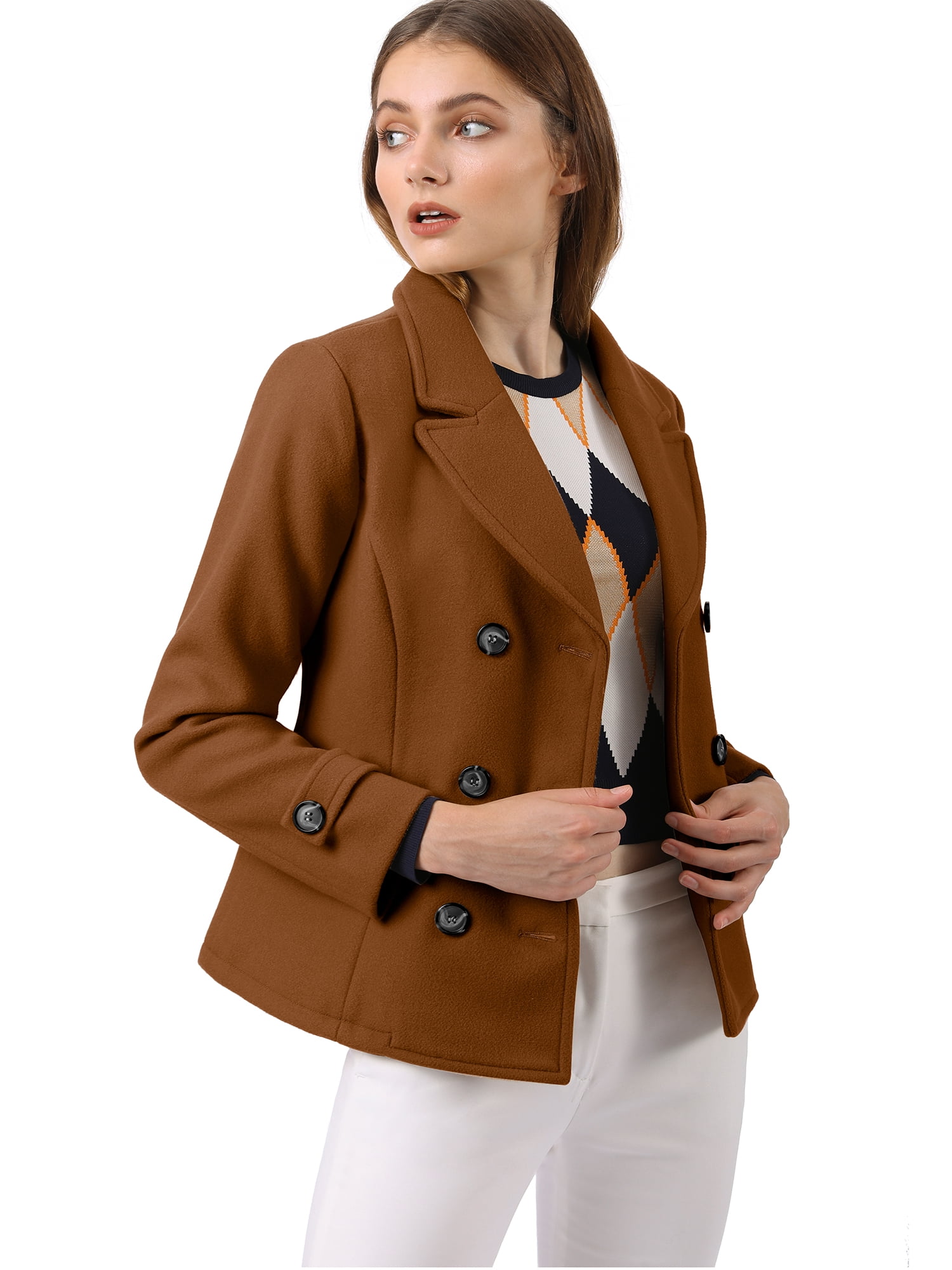 INSPIRE CHIC Caban Court d'Hiver pour Femme à Revers Cranté en V, Double Boutonnage