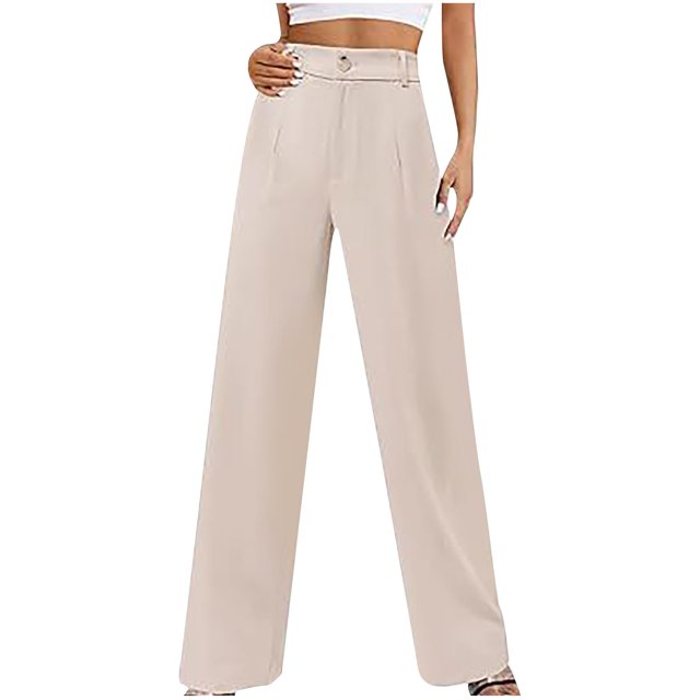 Diufon Womens High Waisted Pants Solid Color Wide Leg Pants Button Business Straight Trousers with Pockets