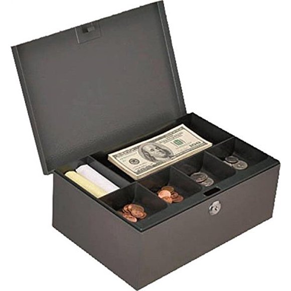Rocky Mountain Goods Extra Deep Cash Box with Key Lock - 2 Keys Includes - Six Compartment Tray - Full Length Hinge - Carrying Handle - Welded Steel Construction