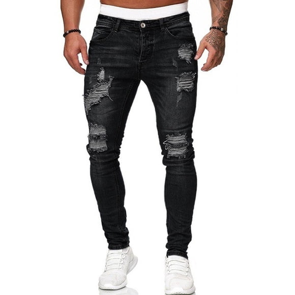 Fortune Men Stretch Skinny Ripped Jeans Ripped Trousers Distressed Denim Pants