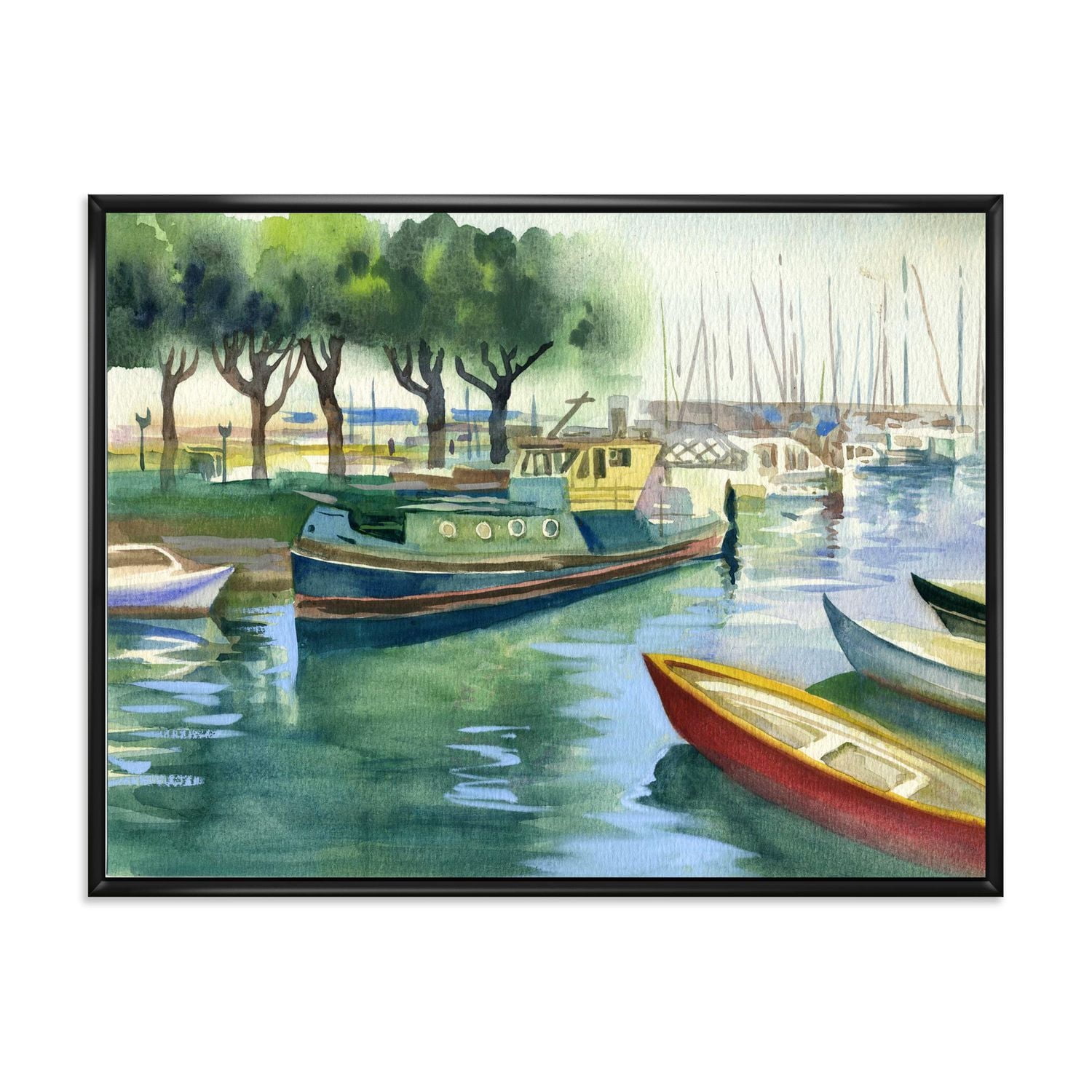Designart Bateaux au printemps vert ART MURAL À CADRE FLOTTÉ