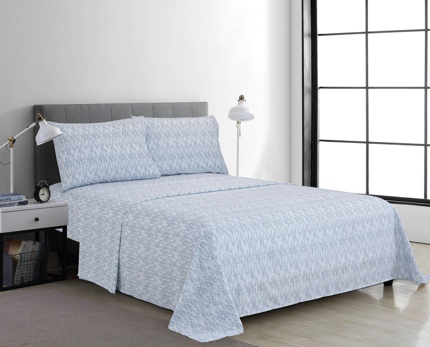 Ensemble de draps imprimés 4 pièces Swift Home, fleurs bleues, format queen size