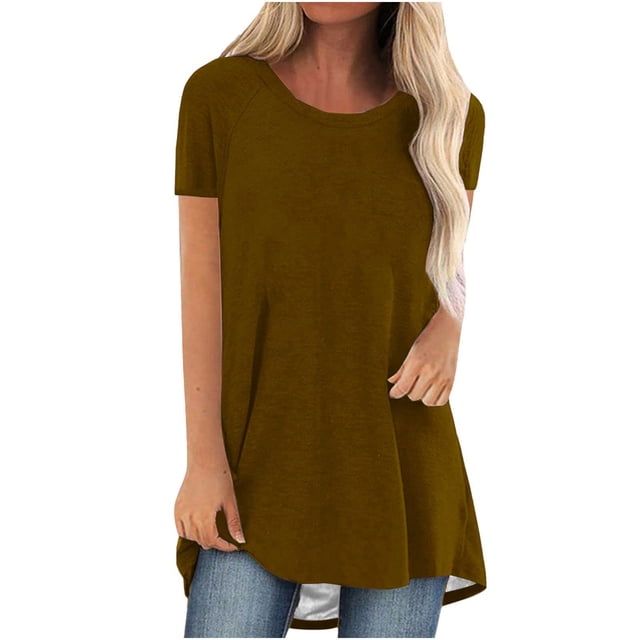 Pisexur Womens Summer Plus Size Tops Casual Solid Color Blouses Short Sleeve Shirts Flowy Pleated Tunic Tops