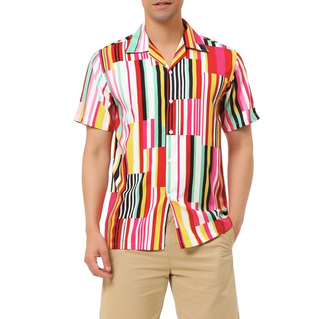 INSPIRE CHIC Chemises à Rayures pour Hommes à Manches Courtes, Boutonnées, Chemise Hawaïenne Imprimée S Rose Rouge