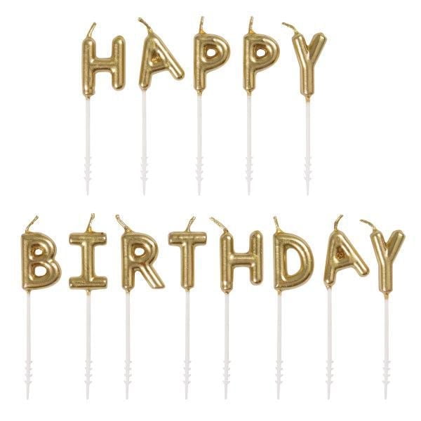 Gold "Happy Birthday" Letter Pick Birthday Candles spelling out 'HAPPY BIRTHDAY' in two rows, each candle 3 inches tall with white plastic holders, suitable for decorating birthday cakes and matching gold party supplies in candles and sparklers.