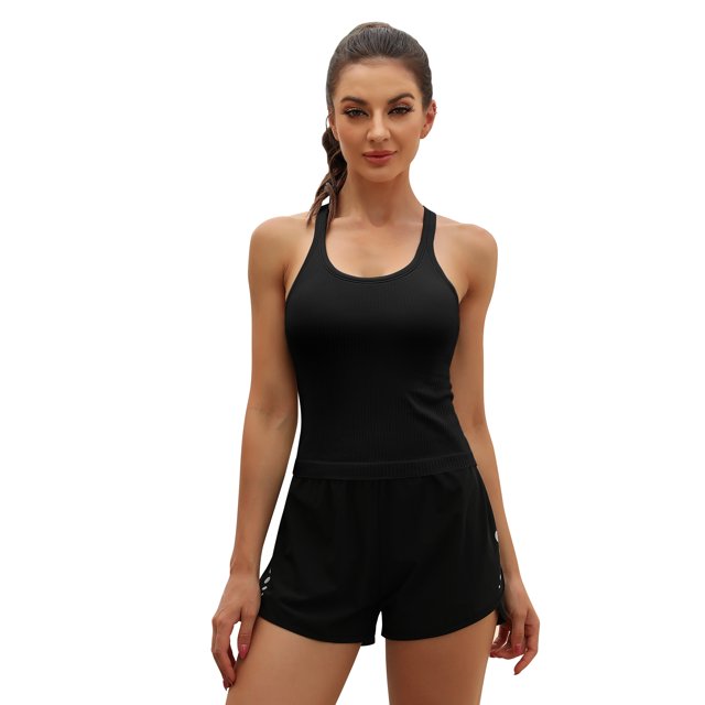 Charmo Women's Scoop Neck Ribbed Tank Tops Slim Straps Cropped Tops Built in Bra